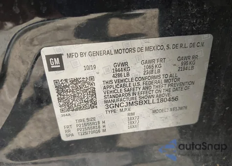 2020 Chevrolet Trax Fwd Premier z USA, uszkodzony, nr VIN 3GNCJMSBXLL180456